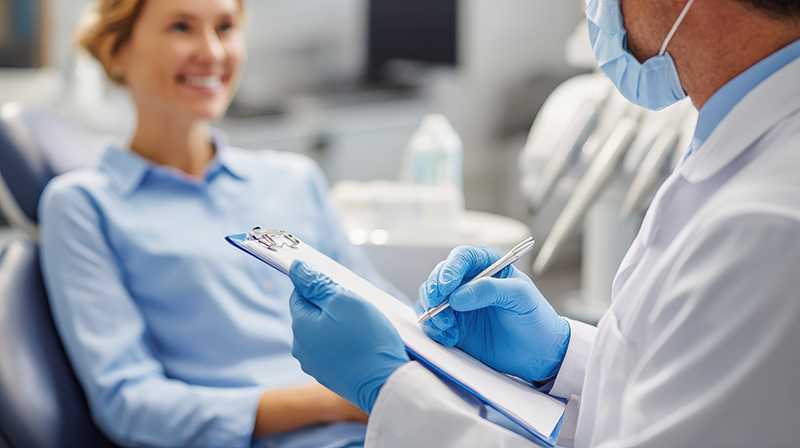woman_in_dentist_chair_smiling Dentist consulting with patient in clinic.