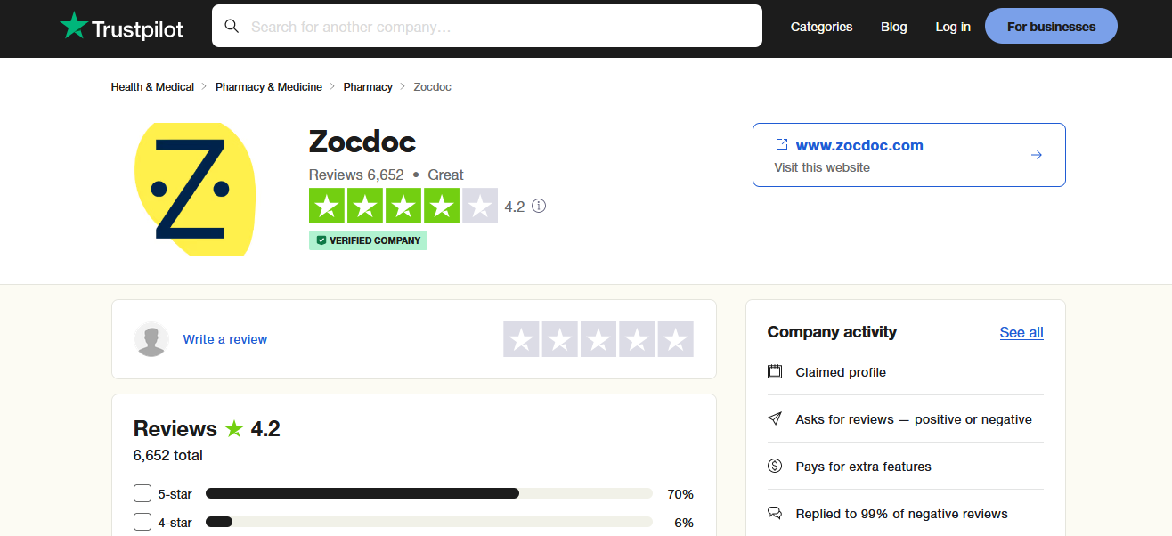ZocDoc TrustPilot Review