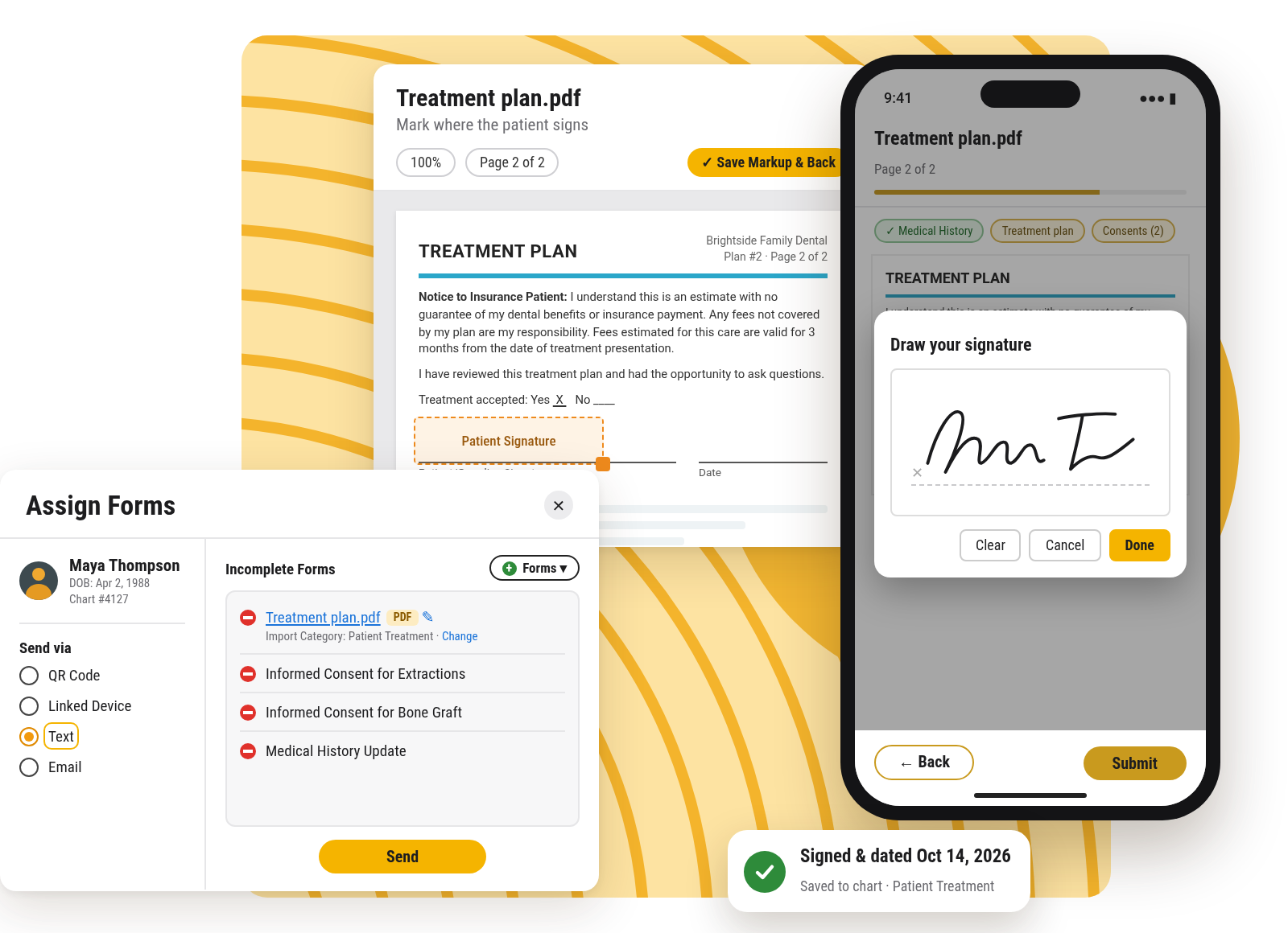 PDF-Signatures-Yapi-Digital-Forms Yapi Digital Forms showing a treatment plan PDF with a patient signature field, the Assign Forms screen bundling it with consent forms to send by text, and a patient signing on their phone.